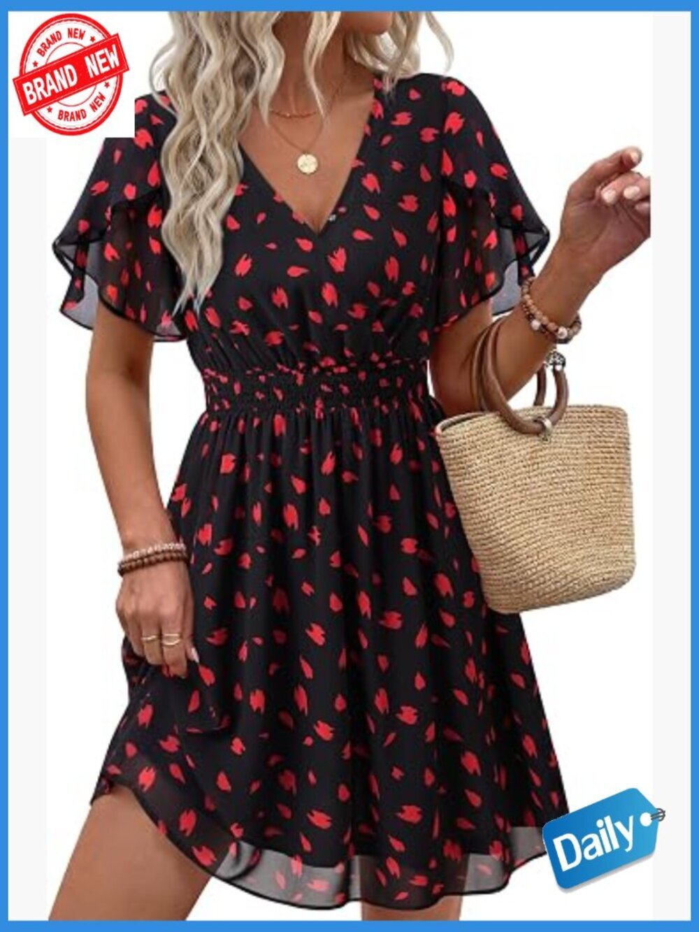Women's Boho Floral Chiffon Mini Summer Dress A-Line V-Neck Ruffle